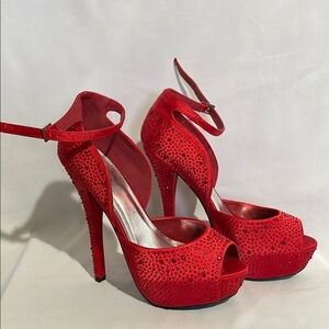Red High Heels with Glittery Material and Stiletto Style